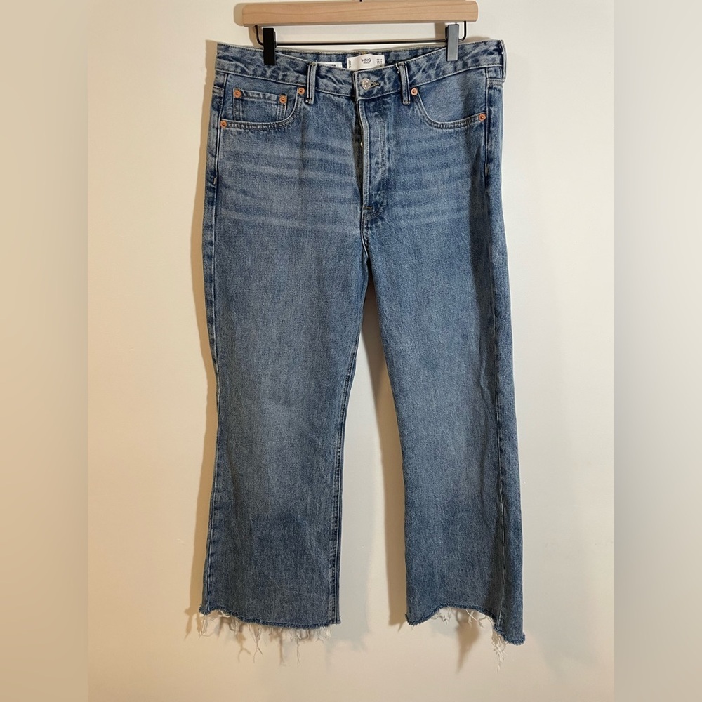 MNG Mango Ariadna Wide Leg Denim Jeans Medium Wash Raw Hem Womens Size 12 - Picture 1 of 8